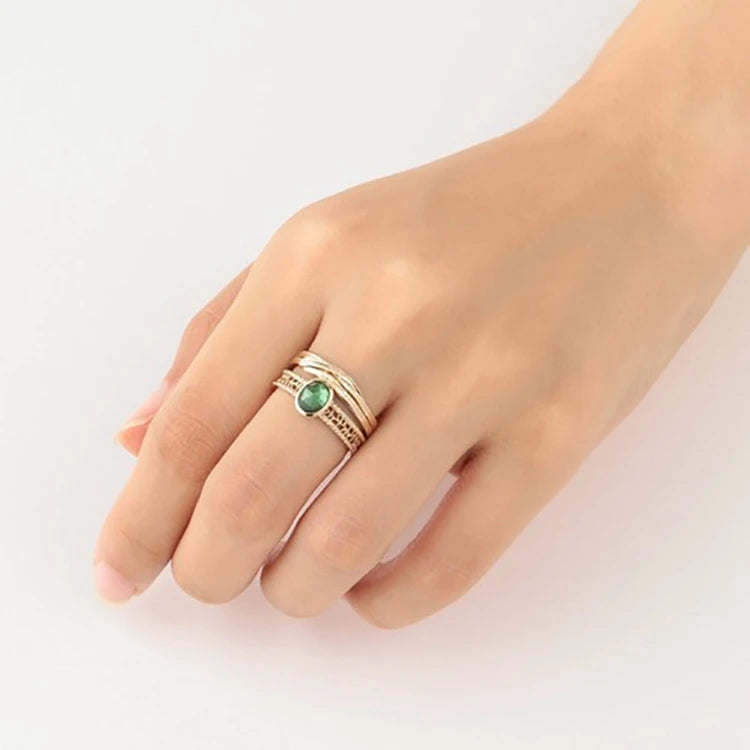 Emotional Factory 925 Sterling Silver 14K Gold Plated Gemstone Retro Hollow Olive Emerald Ring