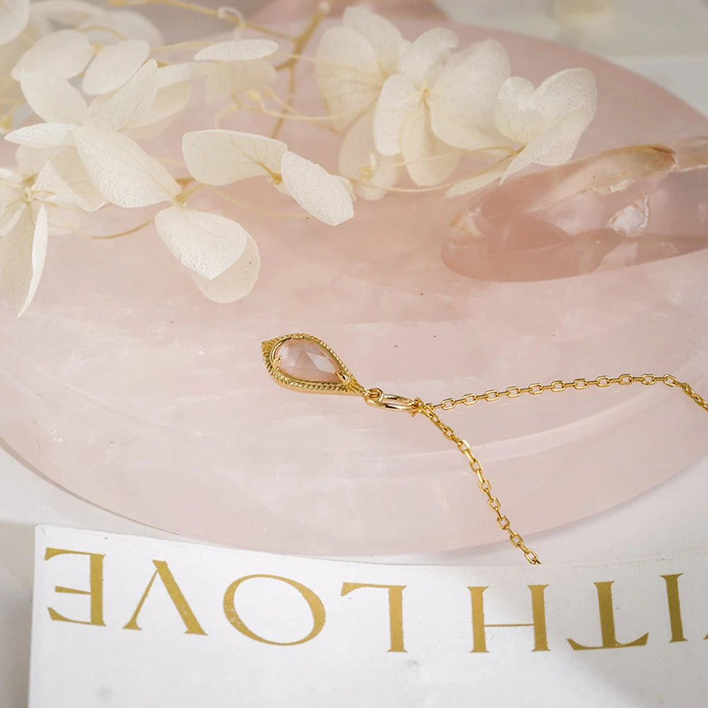 925 Sterling Silver 14K Gold Plated Gem Stone Gemstone Rock Crystal Small Fresh Pink Mother-Of-Pearl Reversible Pendant Necklace