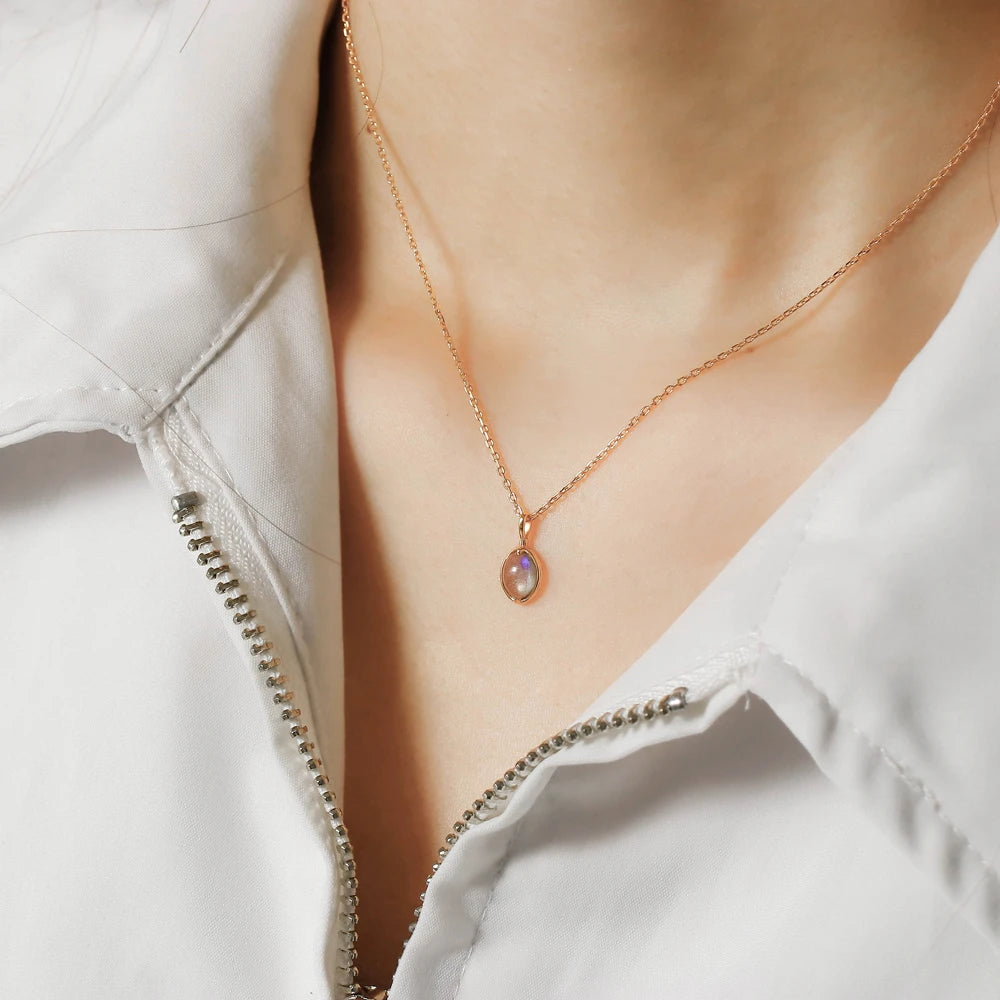 925 Sterling Silver 14K Gold Plated Gemstone Round Stone Egg Shape Natural Labradorite Pendant Necklace