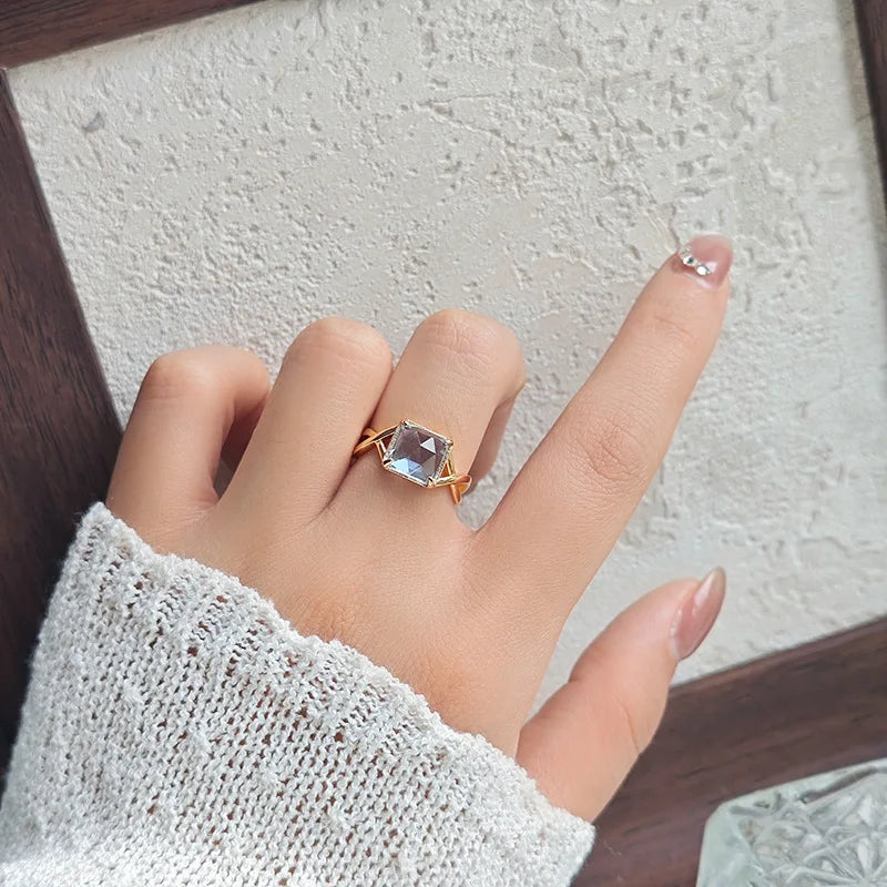 Emotional Factory 925 Sterling Silver 14K Gold Plated Gemstone Natural Topaz Geometric Square Ring