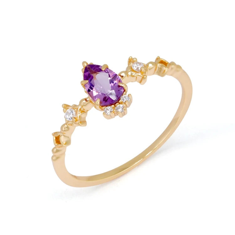 Gemstone Anel Feminino Emotional Factory 925 Sterling Silver 14K Gold Plated First Snow Ice Crystals Amethyst Thin Circle Ring