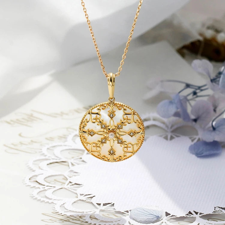 925 Sterling Silver 14K Gold Plated Gemstone Hollow Geometric Circle Natural Freshwater Pearl White Shell Pendant Necklace