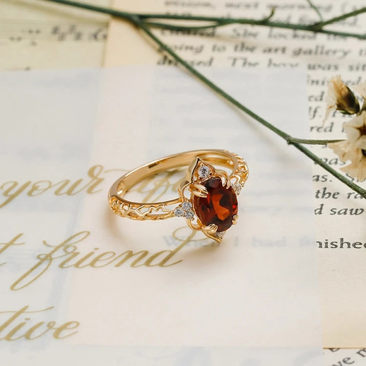 Emotional Factory 925 Sterling Silver 14K Gold Plated Gem Stone Gemstone Retro  Cz Zircon Geometric Flower Red Garnet Ring