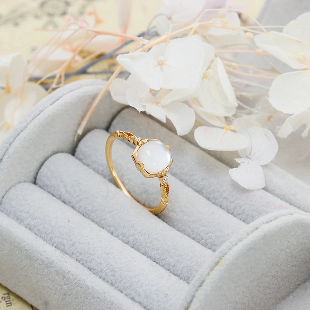 Emotional Factory 925 Sterling Silver 14K Gold Plated Gem Stone Gemstone Elegant Geometric Square Rock Crystal Seashell Ring