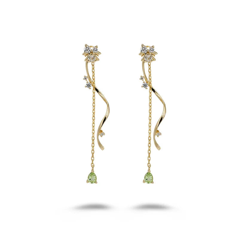 Emotional Factory 925 Sterling Silver 14K Gold Plated Gemstone Diopside Peridot Tassels Earrings