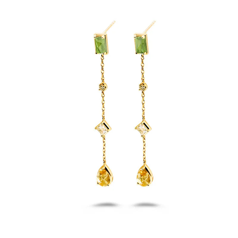 Emotional Factory 925 Sterling Silver 14K Gold Plated Gemstone Citrine White Topaz Peridot Tassels Earrings