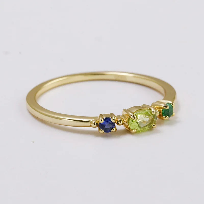 Emotional Factory 925 Sterling Silver 14K Gold Plated Gemstone Blue Green Nano-Stone Geometric Peridot 3 Stone Ring