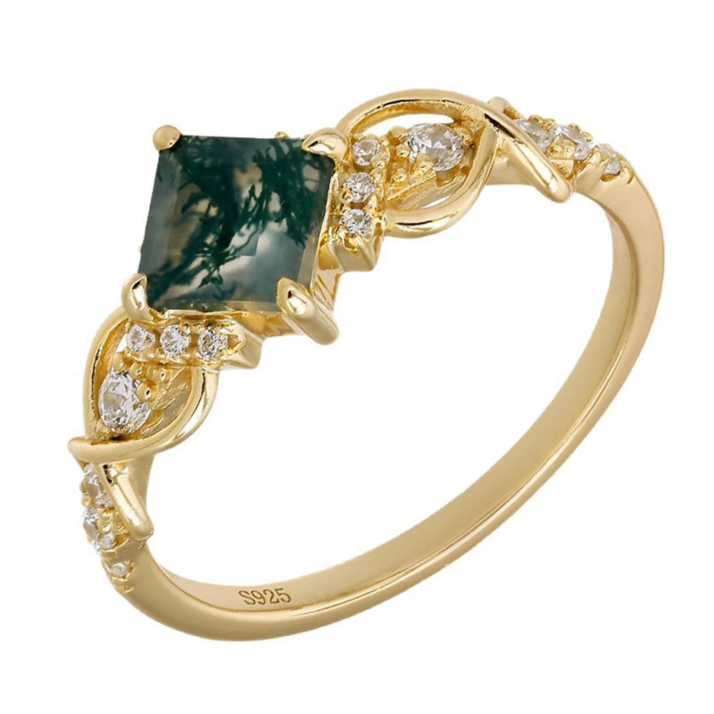 Emotional Joyeria De Plata  Factory 925 Sterling Silver 14K Gold Plated Gemstone Geometric Square Moss Agate Ring