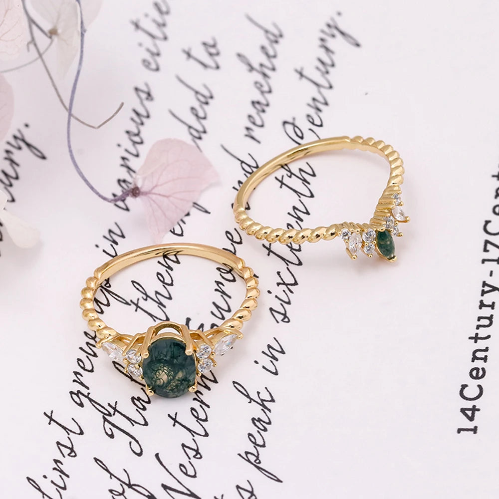 925 Sterling Silver 14K Gold Plated Gemstone Twist Cz Zircon Aqua Agate Two-Piece Gem Stone Ring Set