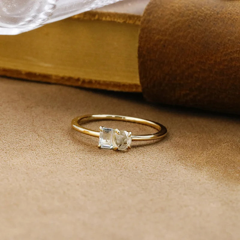 Emotional Factory 925 Sterling Silver 14K Gold Plated Gemstone Rock Crystal Geometric Design Sky Blue Topaz Ring