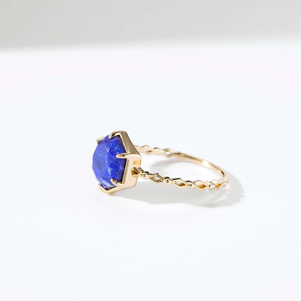 925 Sterling Silver 14K Gold Plated Gemstone Star  Starry Sky Octagon Lazurite Lapis Lazuli Ring