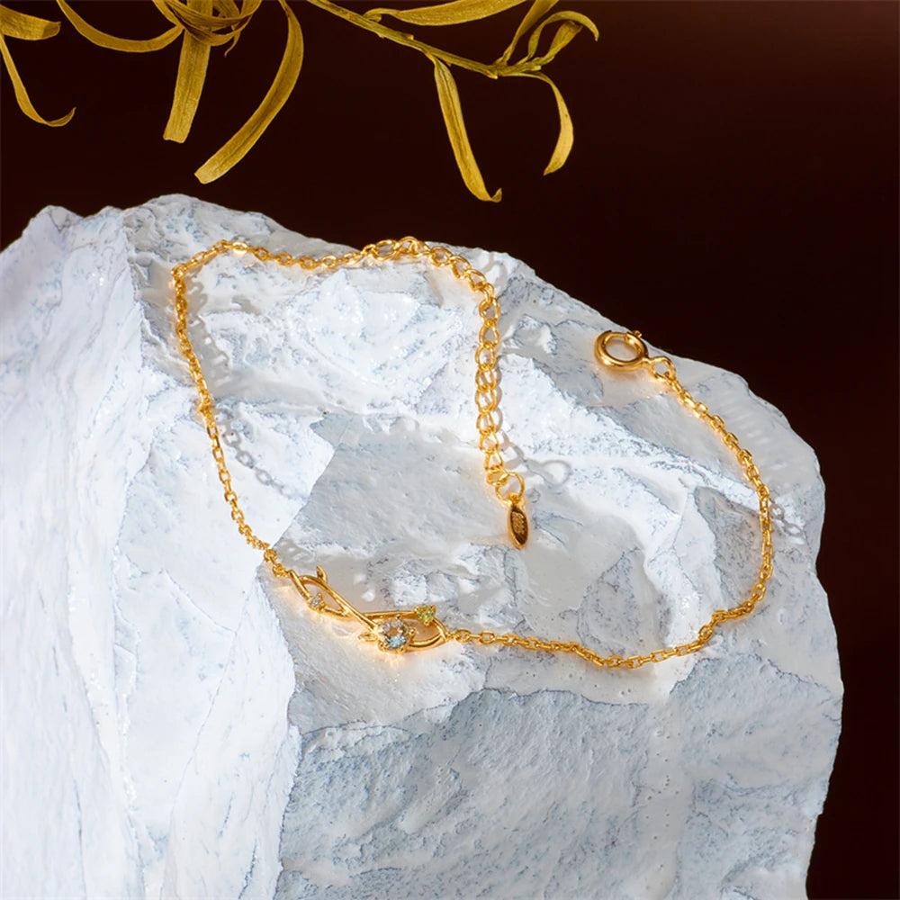 Emotional Pulseras Mujeres Factory 925 Sterling Silver Gold Plated Gemstone Series Aquamarine Peridot Sprout Infinity Bracelet