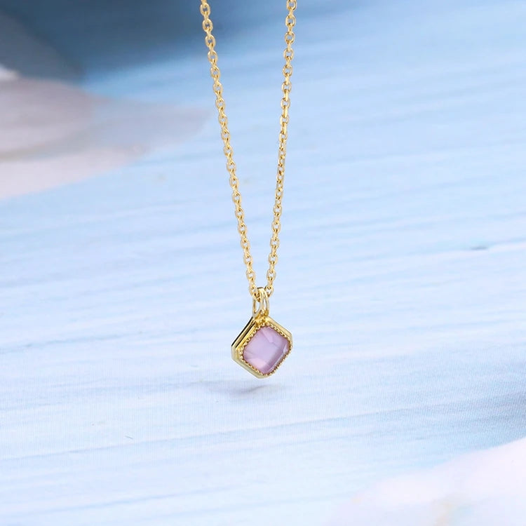 Emotional 925 Sterling Silver 14K Gold Plated Gemstones Geometric Square  Natural Stone Amethyst Shell Clasp Chain Necklace