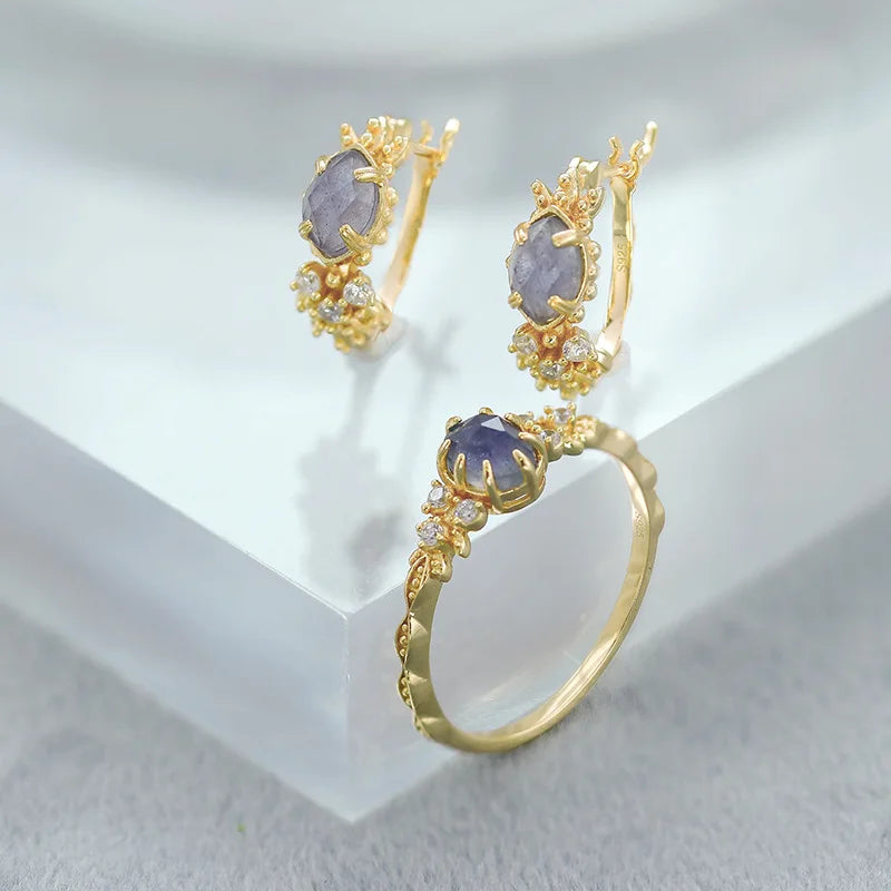 Emotional Factory 925 Sterling Silver 14K Gold Plated Gemstone Cz Zircon Labradorite Cordierite Iolite Dichroite Ring