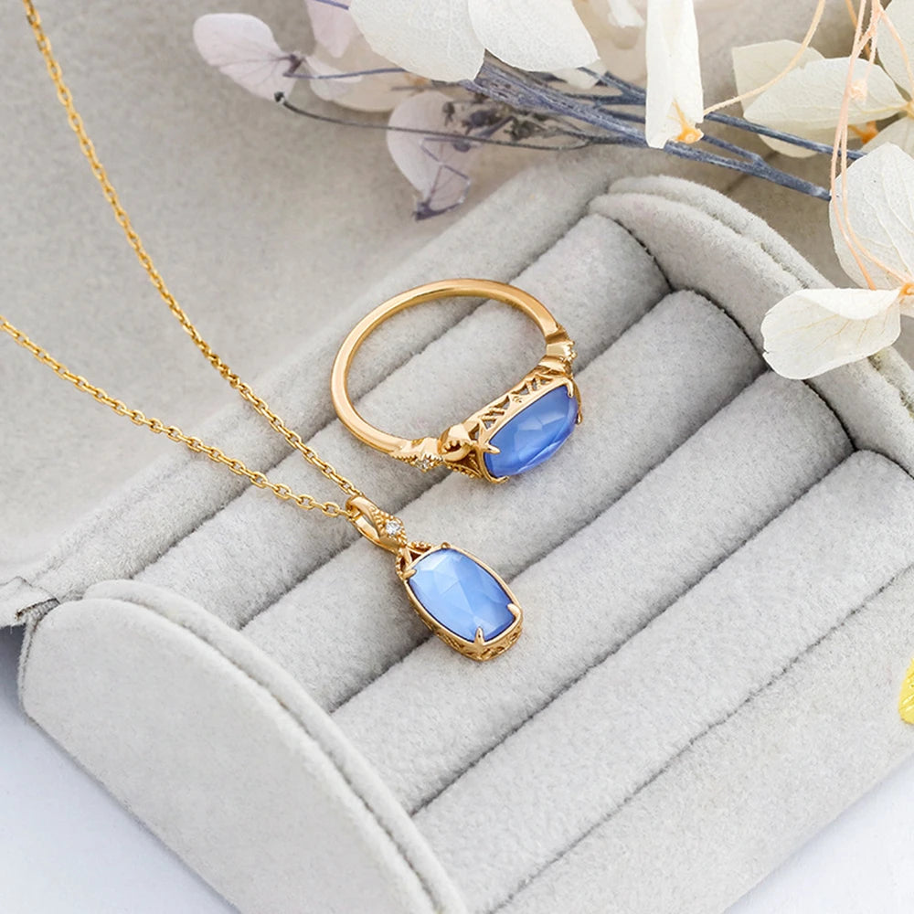 Emotional 925 Sterling Silver 14K Gold Plated Gem Stone Marine Style Bilayer Stone Blue Quartz Glass White Shell Necklace