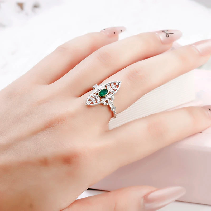 Emotional Bijou Factory 925 Sterling Silver 14K Gold Plated Gemstone Retro Cz Zircon Hollow Leaf Chrysoprase Ring