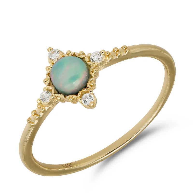 Emotional Factory 925 Sterling Silver 14K Gold Plated Gemstone Sun Sample Round Stone Vintage Fantasy Opal Ring