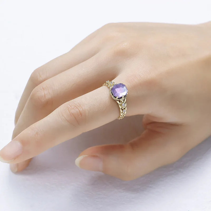 925 Sterling Silver 14K Gold Plated Gemstones Christmas Limited Happiness Olive Leaf Vintage Square Amethyst Ring