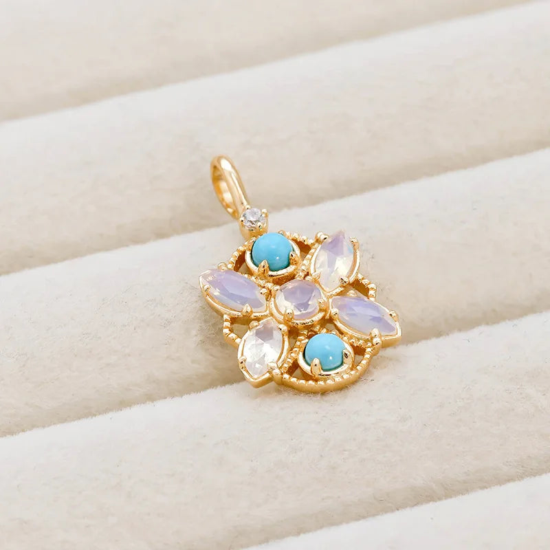 Niche Retro Hollow Design Opal+TurquoiseS925Silver Gold-plated Pendant