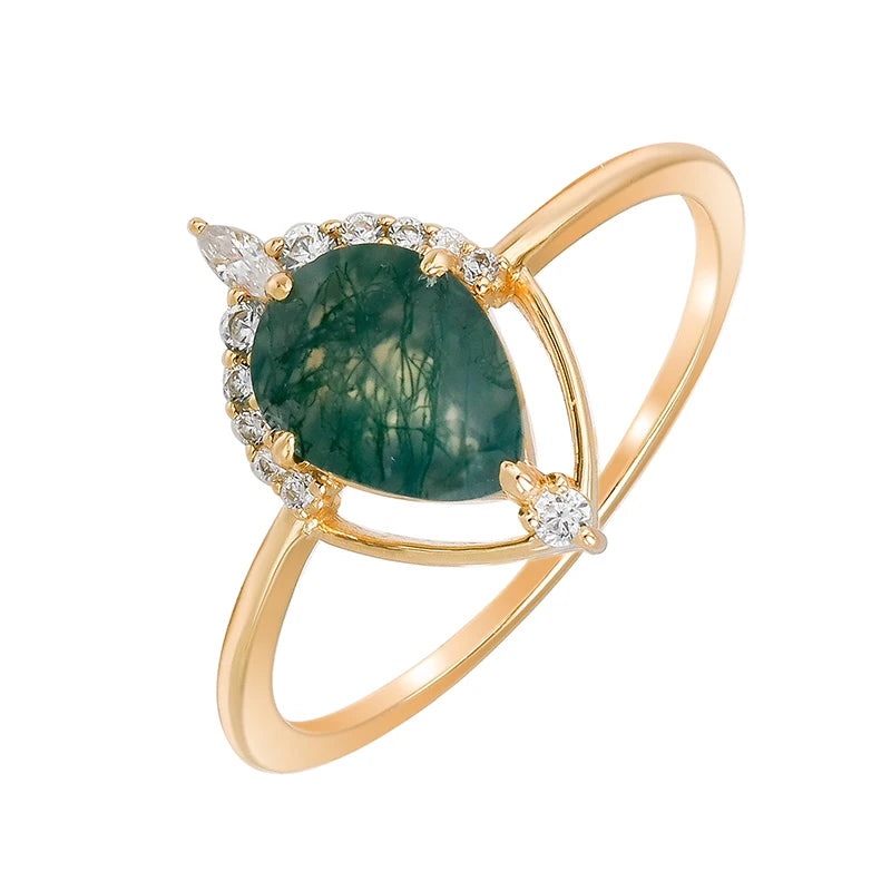Luxury Fashion Jewelry Women's Gift Boutique Green Moss Agate 925 Sterling Silver Ring Electroplated 14K Gemstone Ring