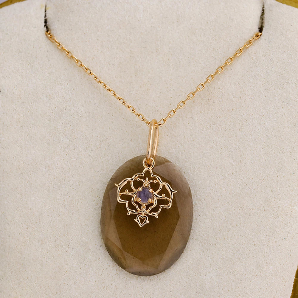 Emotional  925 Sterling Silver 14K Gold Plated Gem Stone Gemstone Geometric Egg Shape Cordierite Lace Quartz Stone Pendant