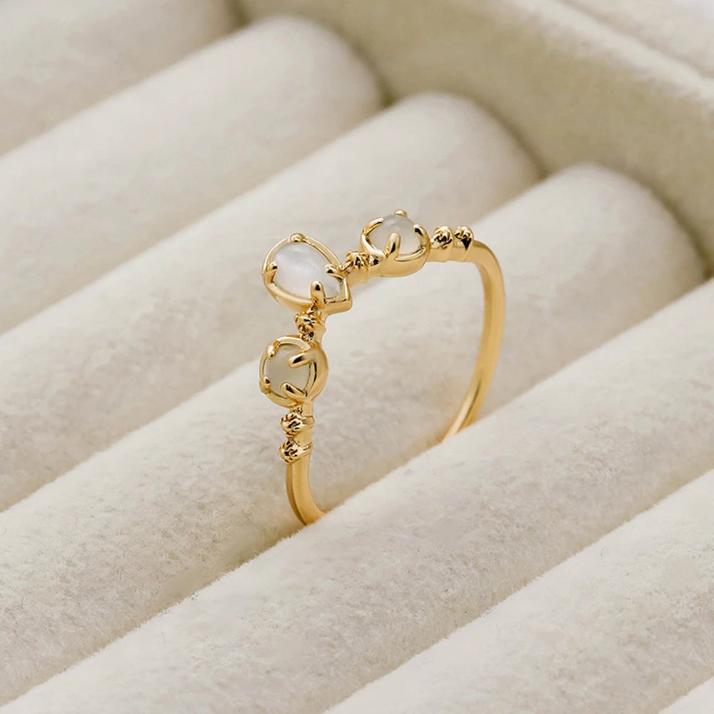 925 Sterling Silver 14K Gold Plated Gemstone Round Drop White Moonstone V Shaped Ring