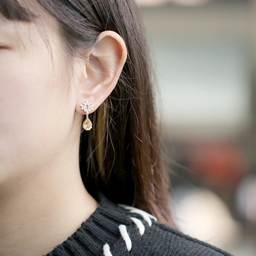 Emotional Factory Jewelry 925 Sterling Silver 14K Gold Plated Gemstone Series Snowflake Flower Natural Citrine Earrings