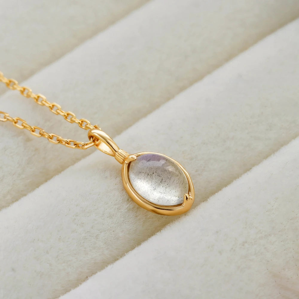 925 Sterling Silver 14K Gold Plated Gemstone Round Stone Egg Shape Natural Labradorite Pendant Necklace