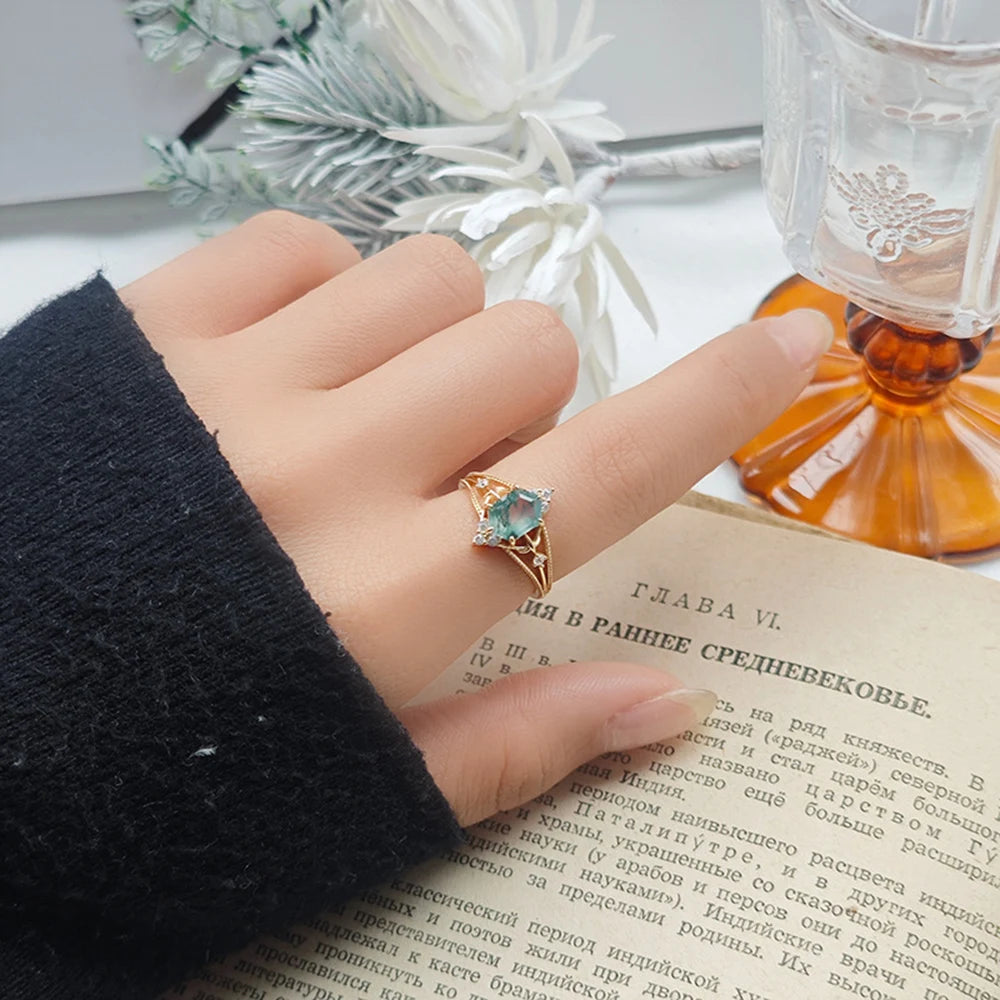 Emotional Factory 925 Sterling Silver 14K Gold Plated Gemstone Cz Zircon Hollow Geometric Rhombus Moss Agate Ring