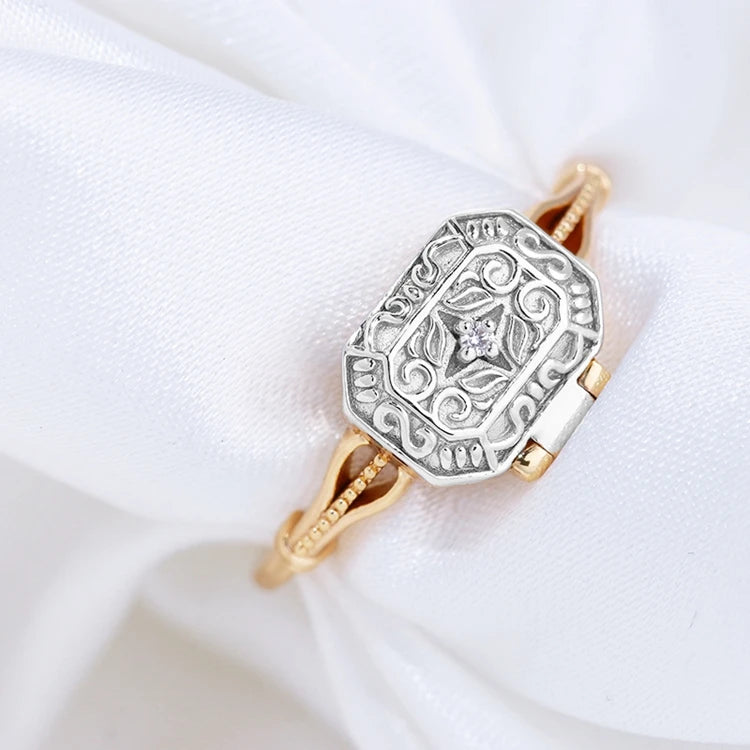 925 Sterling Silver Anillos De Boda Bijoux 14K Gold Ancient Medieval Style Two Color Plated Open Treasure Box Ring