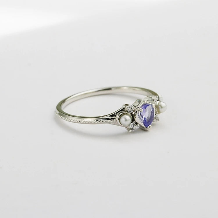 Emotional Factory 925 Sterling Silver 14K Gold Plated Gem Stone Gemstone Summer Tanzanite Freshwater Pearl Ring