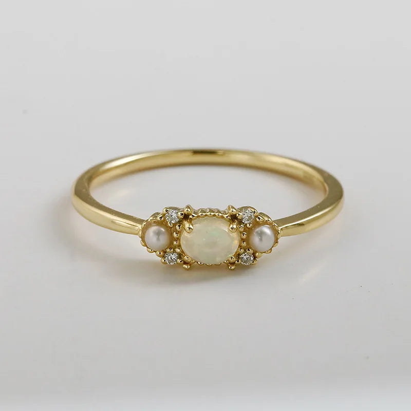 Emotional Factory 925 Sterling Silver 14K Gold Plated Gemstone Retro Cz Zircon African Opal Natural Pearl Ring