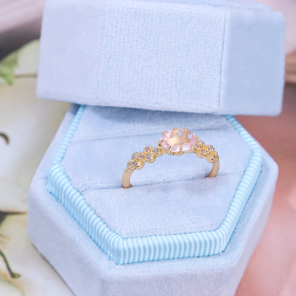 Emotional Factory 925 Sterling Silver 14K Gold Plated Gemstone Series Zircon Rose Quartz Natural Pink Crystal Ring