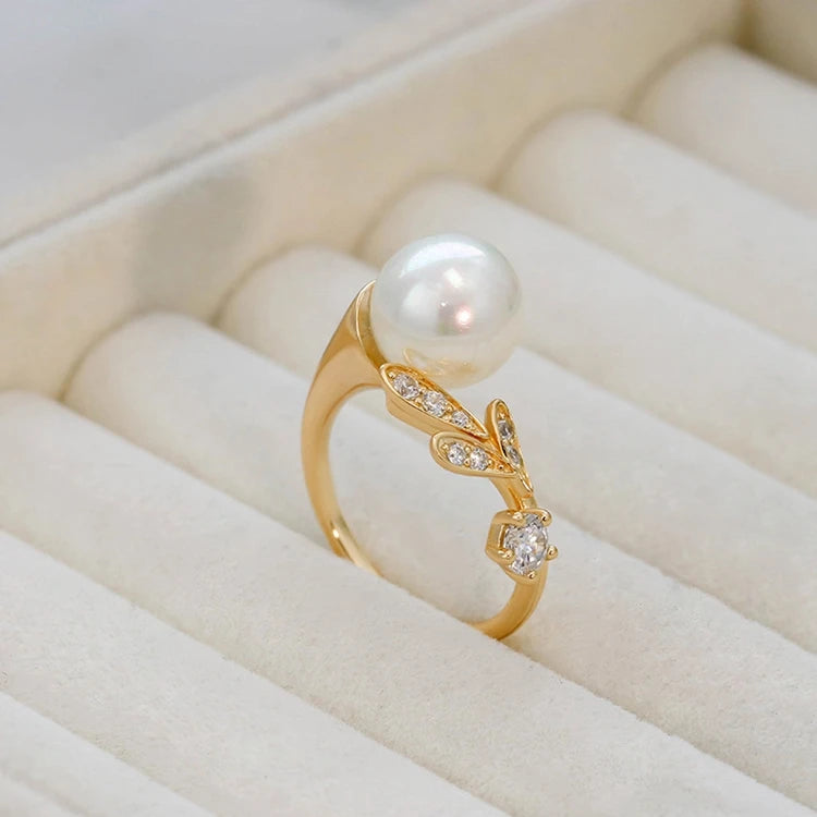 Emotional Factory 925 Sterling Silver 14K Gold Plated Gemstone Zircon Earrings Leaves Adjustable Pearl Ring