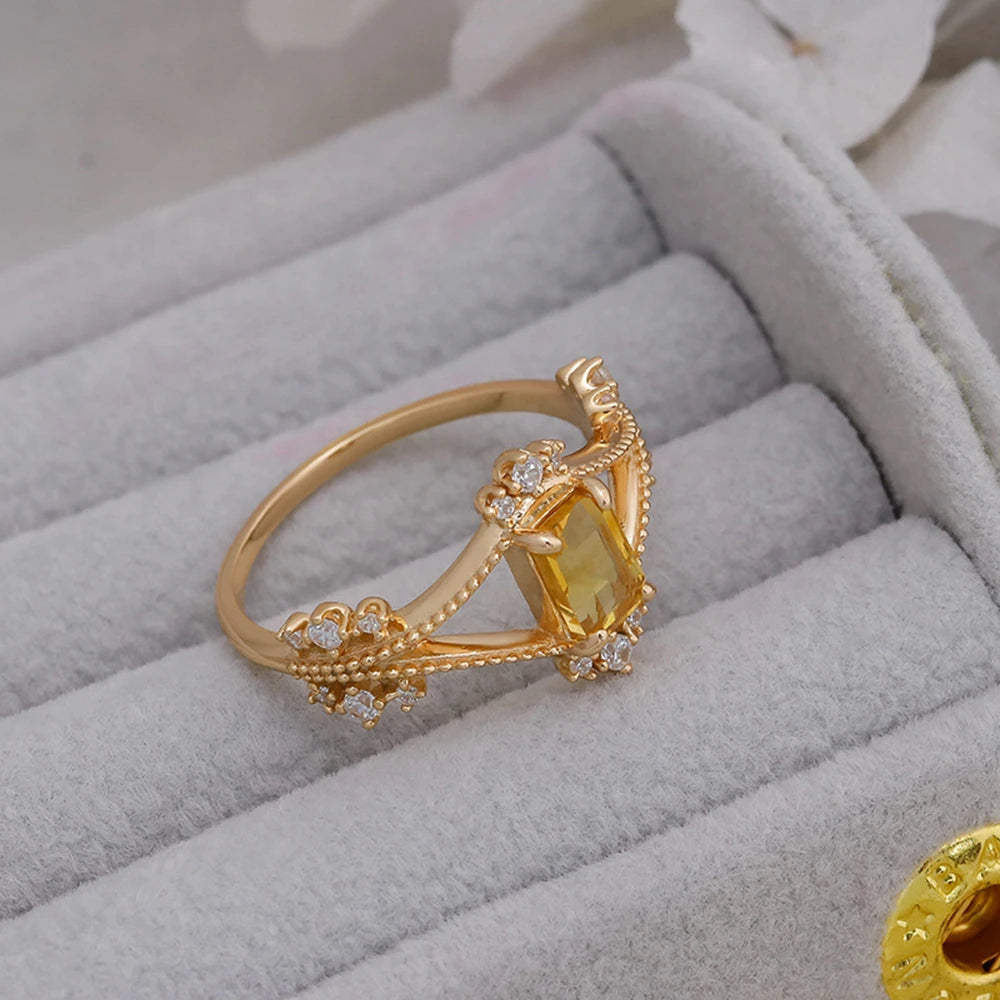 Emotional Factory 925 Sterling Silver 14K Gold Plated Gem Stone Gemstone Retro Hollow Geometric Square Zircon Citrine Ring