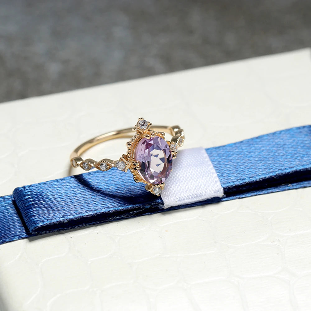 Joyeria En Tendencia Cuarzos Natural Joyeria 925 Sterling Silver 14K Gold Plated Gemstone Amethyst Micro Inlay Big Stone Ring