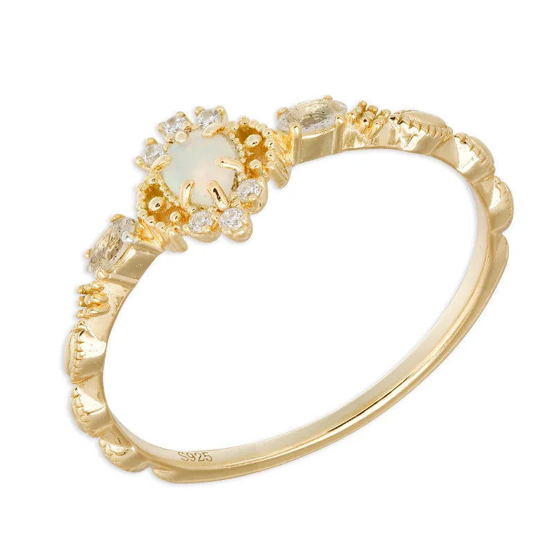 Emotional Factory 925 Sterling Silver 14K Gold Plated Gemstone Retro Cz Zircon Flower Aventurine Natural Australia Opal Ring