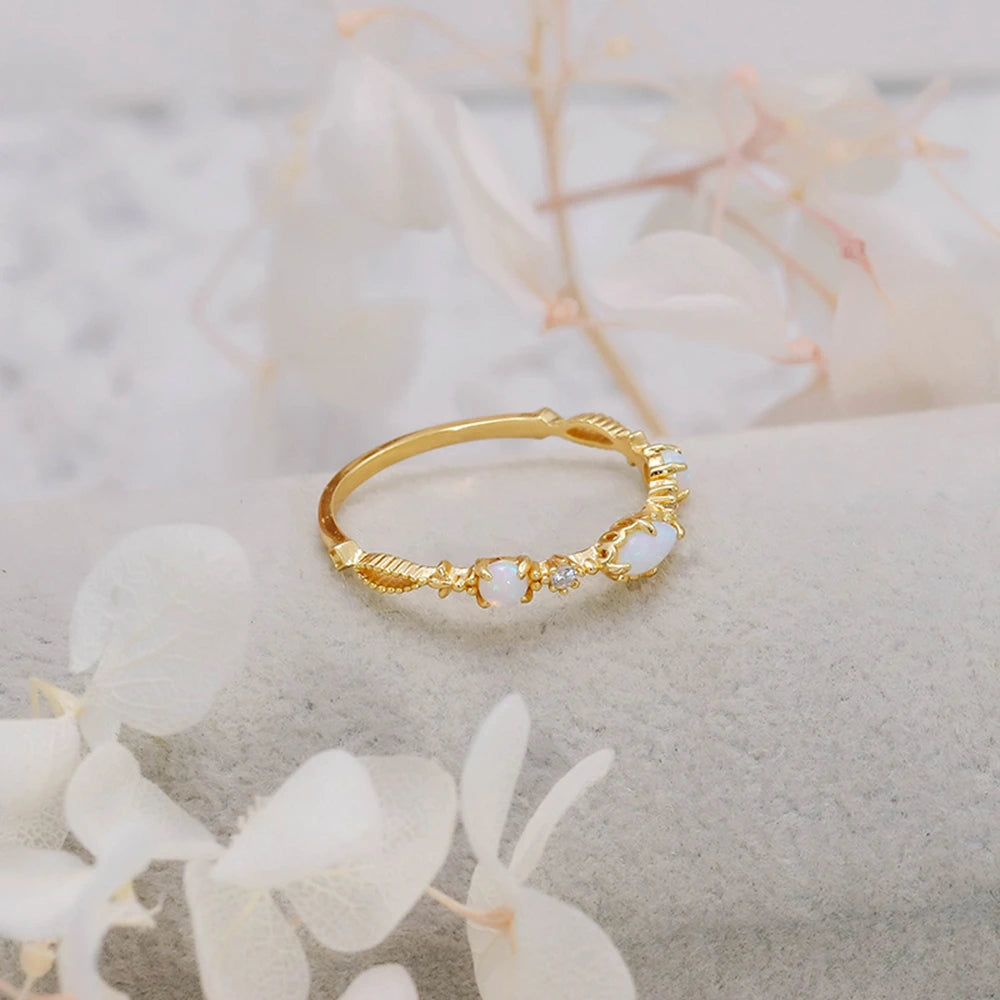 925 Sterling Silver 14K Gold Plated Gemstone Synthetic Opal Zircon Simple Ring