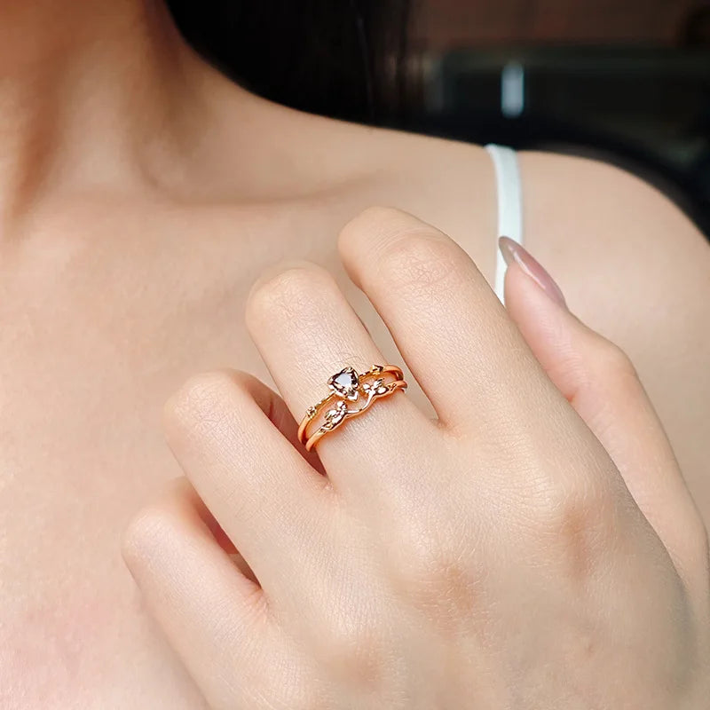 Emotional Factory 925 Sterling Silver 14K Gold Plated Gemstone Angel Heart Cloud Stacking Natural Smoky Quartz Ring