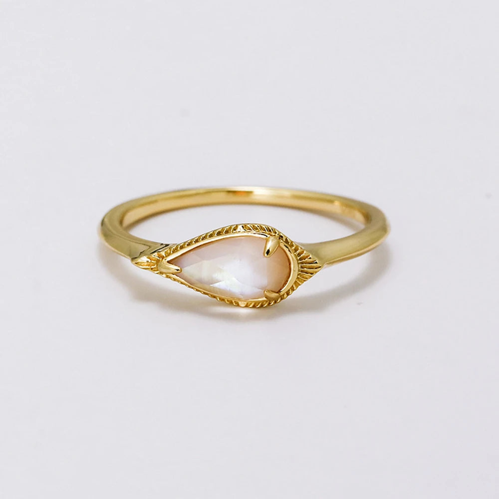 Emotional Factory 925 Sterling Silver 14K Gold Plated Gem Stone Gemstone Rock Crystal Small Fresh Pink Mother-Of-Pearl Drop Ring