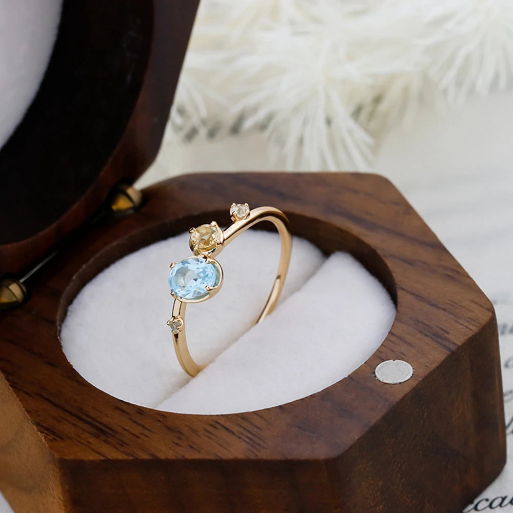 Emotional Factory 925 Sterling Silver 14K Gold Plated Gem Stone Gemstone Irregular Citrine Sky Blue Topaz Ring