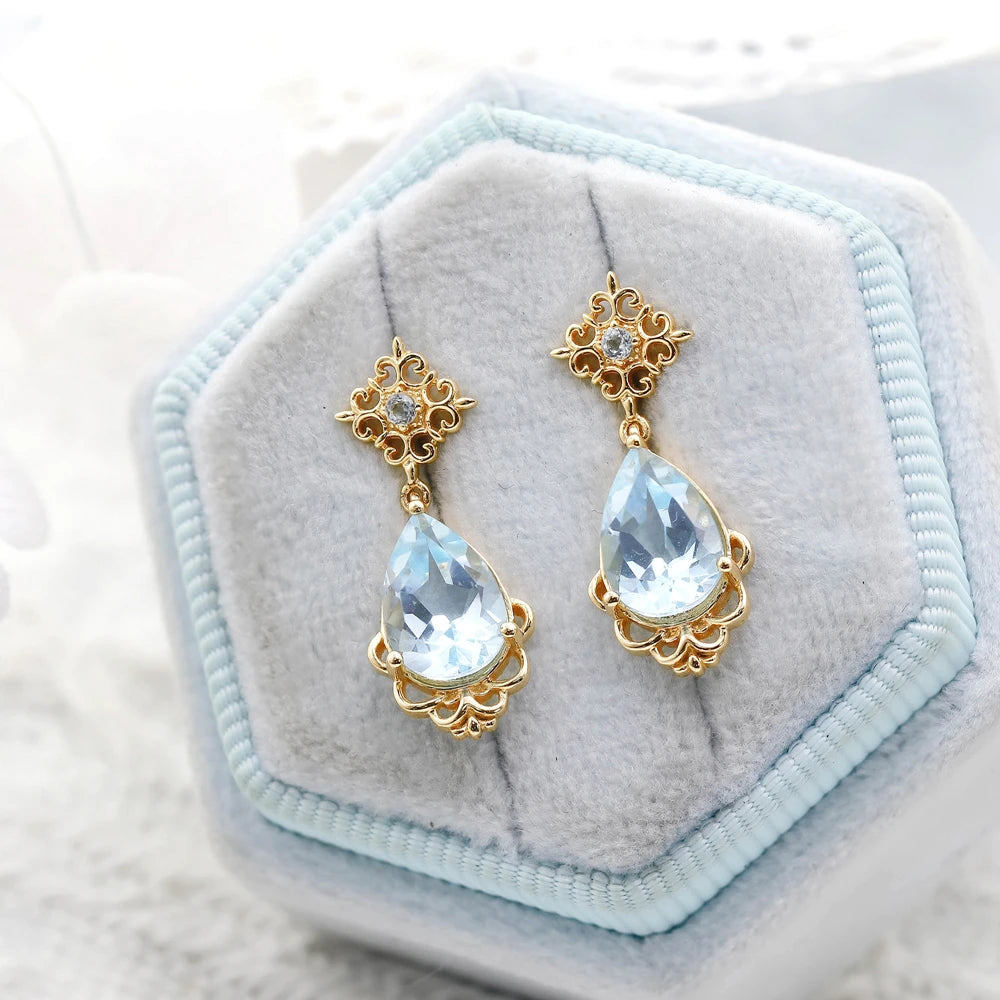 925 Sterling Silver 14K Gold Plated Gemstone French Vintage Court Style Drop Sky Blue Topaz Earrings