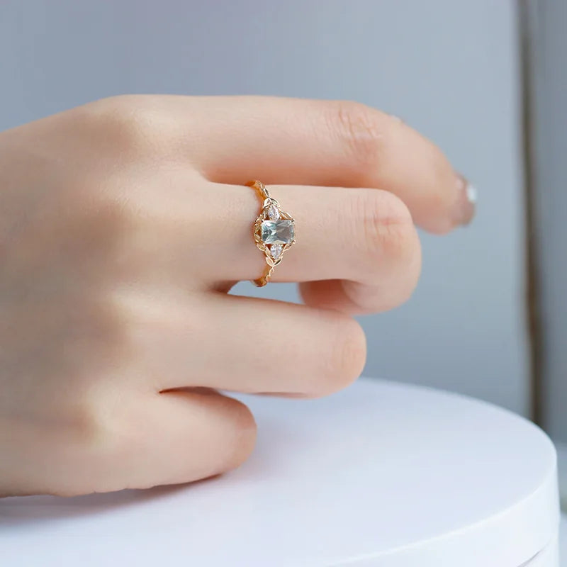 925 Sterling Silver 14K Gold Plated Gemstone Geometric Peridot Rectangular Sky Blue Topaz Quartz Natural Green Crystal Ring