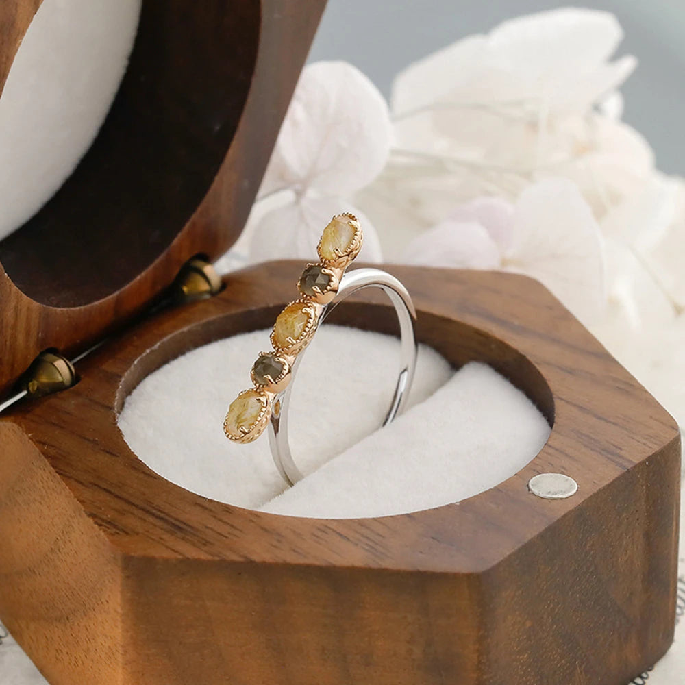 925 Sterling Silver 14K Gold Plated Gem Stone Taurus Pisces Bar Guardian Stone Tea-Coloured Citrine Rutilated Quartz Ring