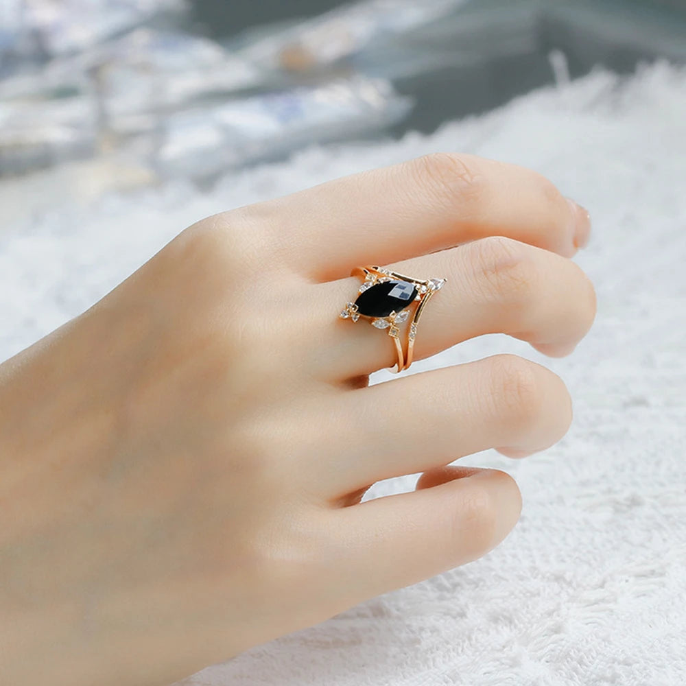 Emotional  925 Sterling Silver 14K Gold Plated Gem Stone Gemstone Zicon Black Agate Carnelian Onyx V Shaped Gem Stone Ring Set