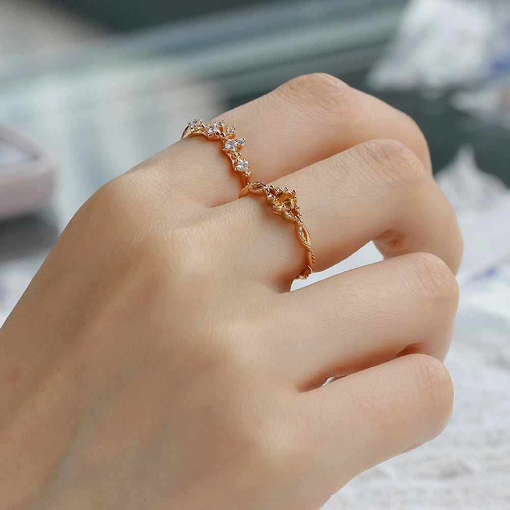 Emotional Factory 925 Sterling Silver 14K Gold Plated Gem Stone Gemstone Geometrical Crown Design Citrine Gem Stone Ring Set