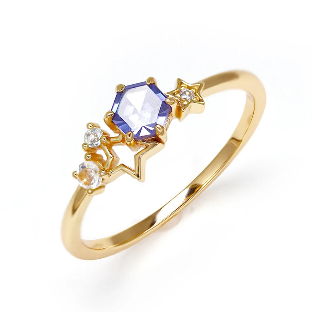 Emotional 925 Sterling Silver 14K Gold Plated Gemstone Series Hand Set Blue Topaz Natural Moonstone Tanzanite Zircon Star Ring