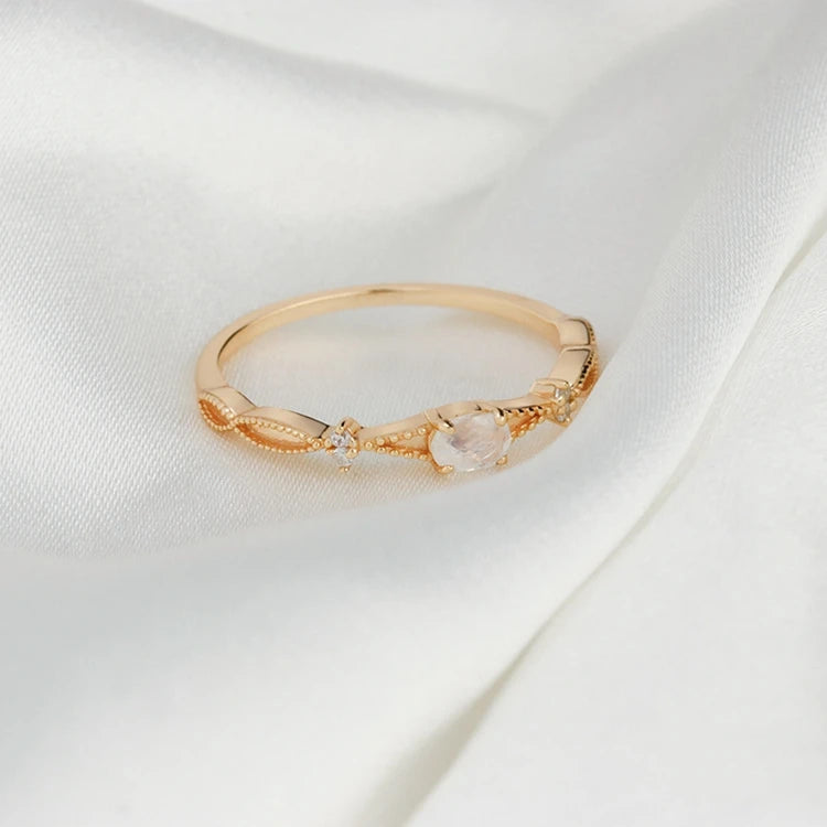 925 Sterling Silver 14K Gold Plated Gemstone Zircon Natural Moonstone Slim Ring
