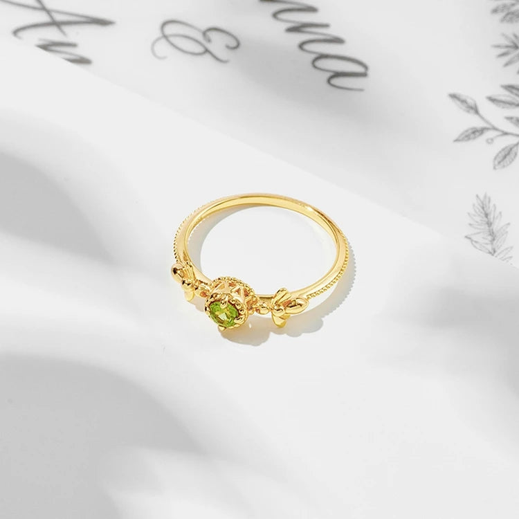 925 Sterling Silver 14K Gold Plated Gemstone Natural Peridot Animal Jewelry Bee Ring