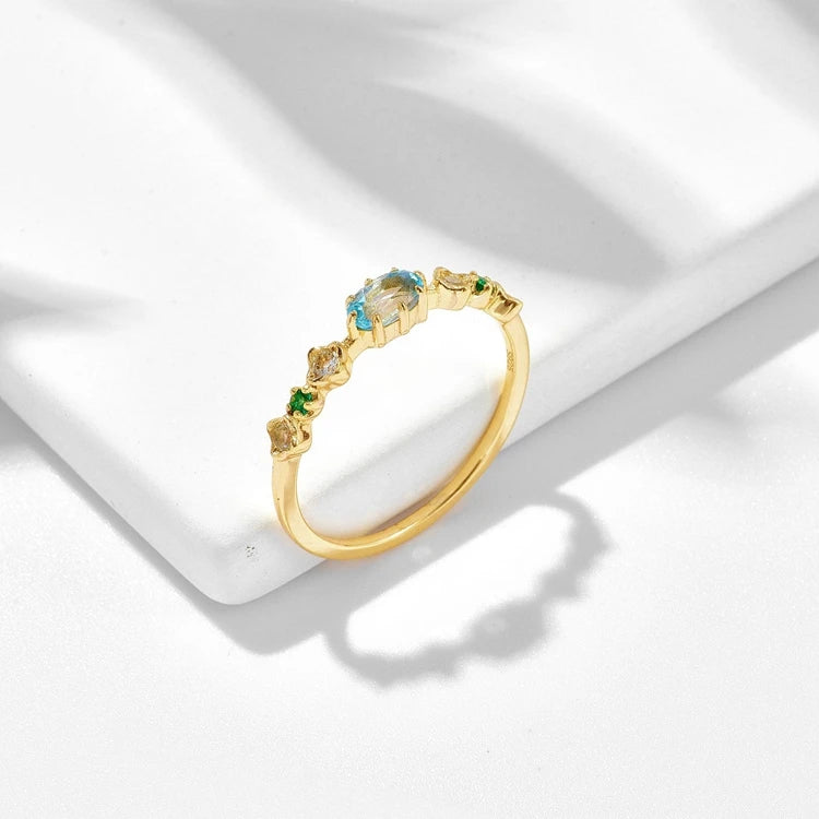 925 Sterling Silver 14K Gold Plated Gemstone Series Green Nanostone Fine Natural Topaz Ring
